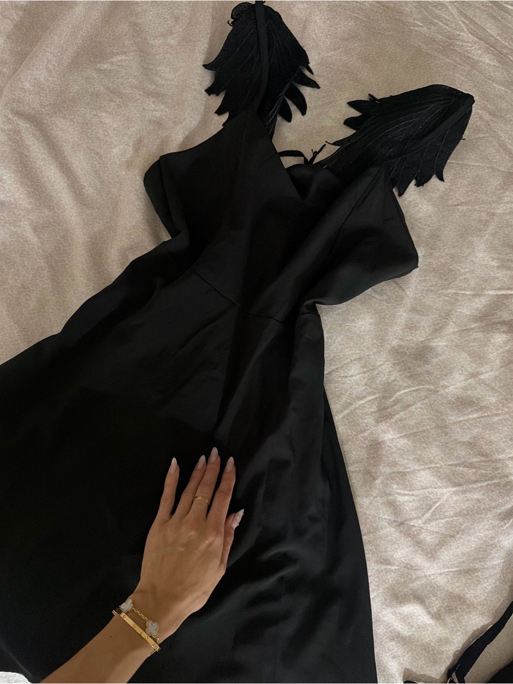 Black Strapless Dress with Leaf Applique Detail